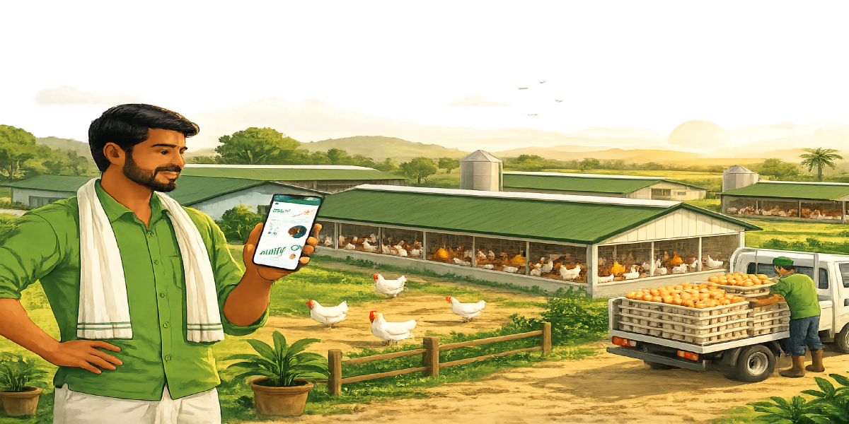 Poultry farm panorama with farmer using smartphone dashboard